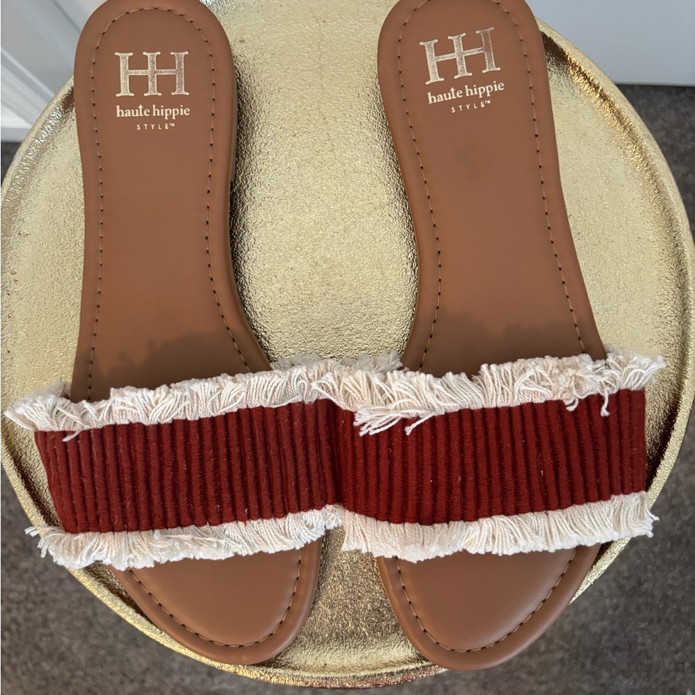 Haute Hippie Red and Cream Fringe Sandals